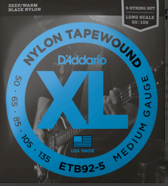 D'Addario 50-135 Medium 5-String, Long Scale, XL Nylon Tapewound Bass Strings