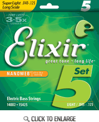 Elixir Nanoweb Coated 5 String Bass Strings Super Light Long 040 -125 Part 3 15425